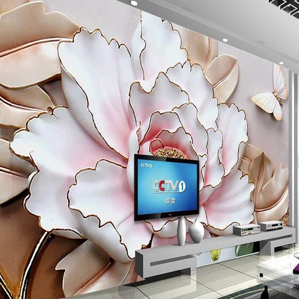 Sfondi 3D Stereo Rilievo Fiori di peonia Po Murales Carta da parati Soggiorno TV Studio Sfondo Panno da parete Carta impermeabile per pareti