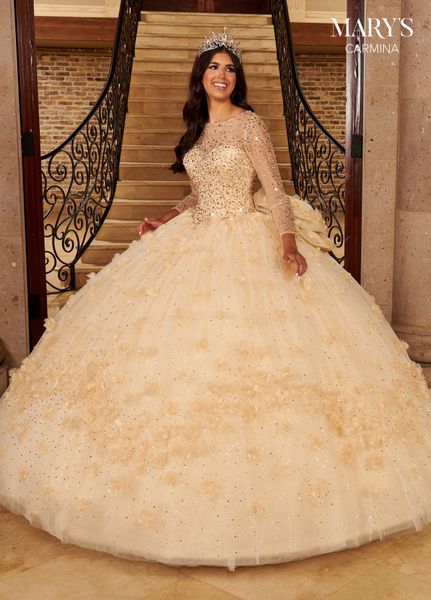 Champagnerfarbene, mit Perlen besetzte Quinceanera-Kleider mit langen Ärmeln, großer Schleife am Rücken und Blumenmuster, Sweet-16-Abschlussballkleid, Partykleidung, Festzug-Abendkleider