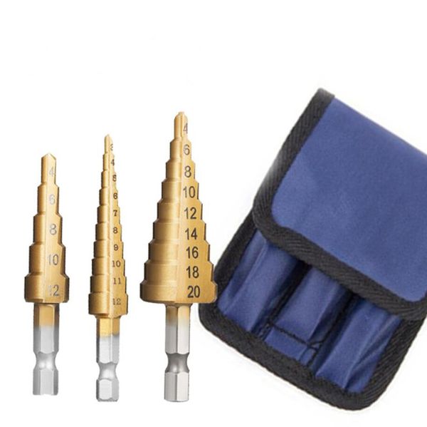 3 Pz/set HSS Dritto Scanalatura Step Drill Bit Rivestito In Titanio Legno Metallo Foro Fresa Core Drilling Tools Set 3-12mm 4-12mm 4-20mm