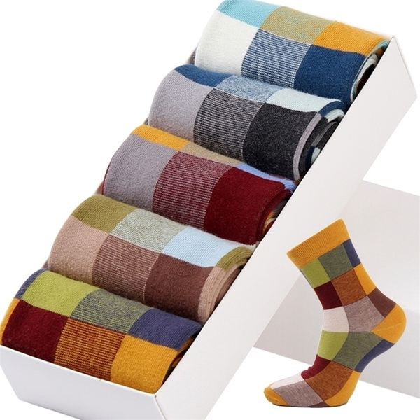 Herrensocken, 5 Paar, gekämmte Baumwolle, Kompression, modisch, bunt, quadratisch, glückliches Kleid, Herrengröße 39–45, 220924