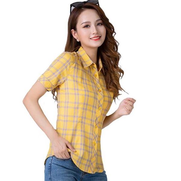 Bloups feminina camisa feminina Moda Moda Camisa xadrez de manga curta Camisa de algodão de algodão Feminina Flanela de verão MXXXL Roupas 220923