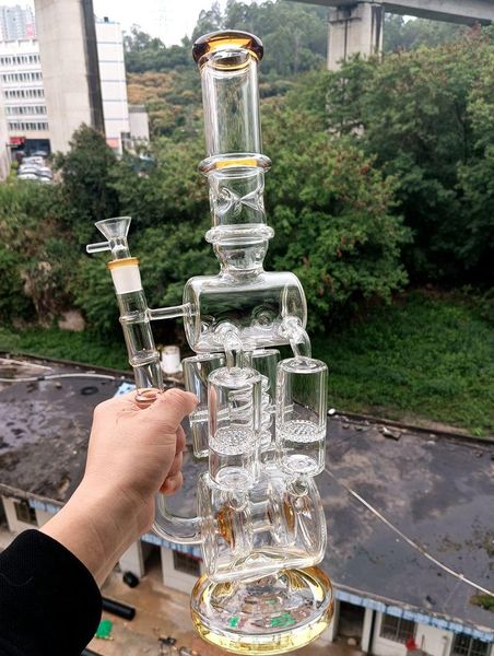 Bong de água de vidro grande de 18 polegadas Filtros de favo de mel Reciclador de óleo amarelo Dab Rigs Cachimbo para fumar com junta fêmea de 14 mm
