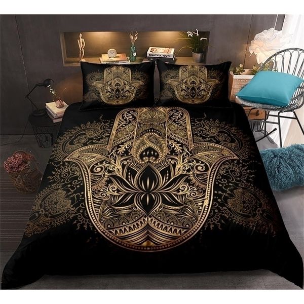 Set di biancheria da letto Hamsa Hand Set Boho Mandala Copripiumino Nero Oro Bohemia Bed Biancheria da letto Fatima Lucky Quilt 220922