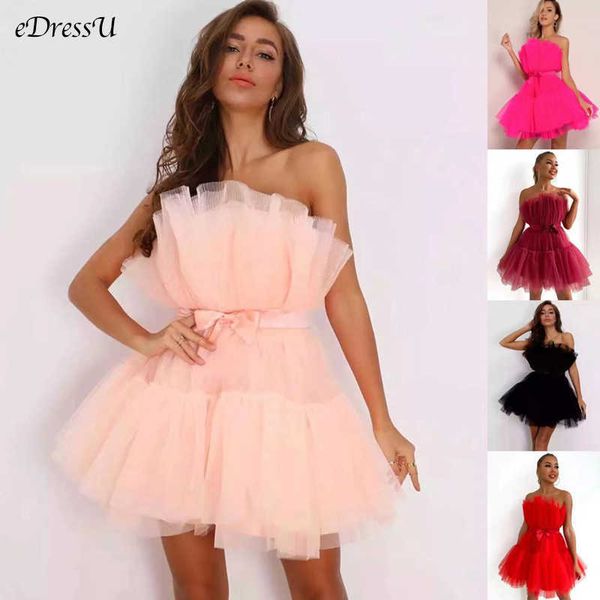 Sıradan Elbiseler 2022 Tatlı Kokteyl Partisi Elbise Kadınlar Straplez Bowknot Tül Organza Homecoming Elbise Pembe Diz Uzunluk Elbise FLD-462 Y2209