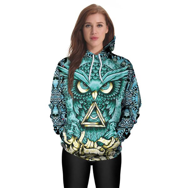 Sweatshirt mit 3D-Eulen-Aufdruck, Unisex, neuartiger Kapuzenpullover, langärmelig, Pullover mit Kordelzug, cooles Design mit Tasche für Damen und Herren