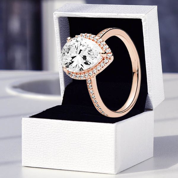 Anello Halo a goccia in oro rosa Autentico argento sterling 925 Gioielli di design per matrimoni per donne Ragazze Cofanetto originale per anelli regalo fidanzata Pandora