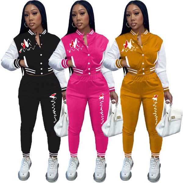 Q6069 Autumn New Borderyer Impressed Tracksuits para mulheres de manga longa Cardigan Tops e calças esportivas uniformes de beisebol 2 conjuntos de peças