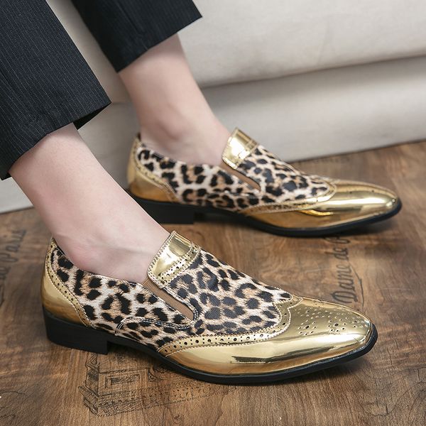 Luxo Bullock Leopard Print Panomers Men Sapatos Casuais Couro Gold Prata Trend￪ncia