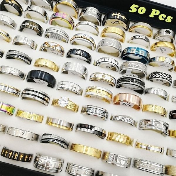 Cluster Rings 50PcsLot Anelli in acciaio inossidabile per donna Uomo Mix Band Designer Accessori per gioielli Regalo per feste di nozze All'ingrosso Anillo 220922