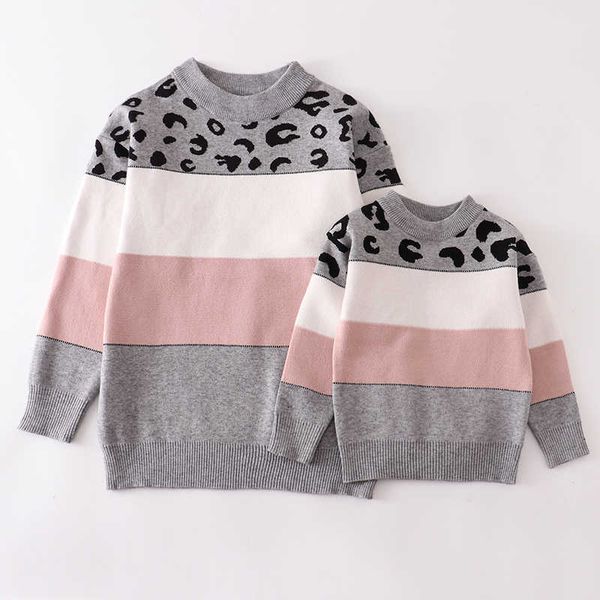 Abiti coordinati per la famiglia Girlymax Autunno Inverno Manica lunga Neonate Pullover Maglione Mommy Me Stripe Leopard Top Boutique Abbigliamento per bambini 220924