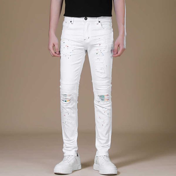Erkekler Kot Patchwork yırtık beyaz moda boya baskısı ince konik kot pantolon hip hop trend gençlik pantolon sokak kıyafetleri 220923