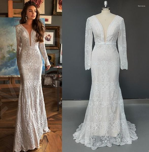 Abito da sposa a v-collo sexy a maniche lunghe sirene sweep treno in pizzo elegante bohémien boho apro sposa da sposa