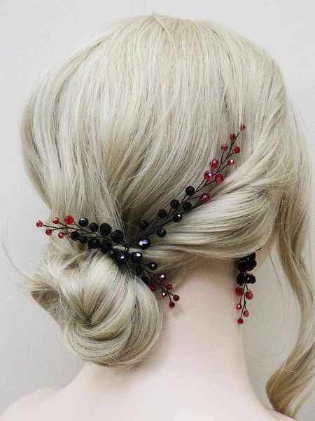 Kopfschmuck Schwarz Rot Kristall Haarnadeln Haarspangen Braut Tiaras Dekoration Brautjungfer Zubehör Ohrringe Set Party Schmuck