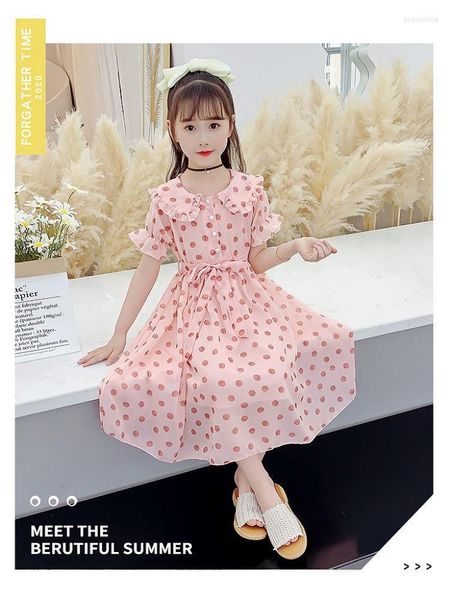 Mädchenkleider 3–16 Jahre Mädchen Polka-Dot-Kleid 2022 Sommer Kurzarm Schleife Ballkleid Kleidung Kinder Baby Knopfkleidung Strand A-Linie Sommerkleid