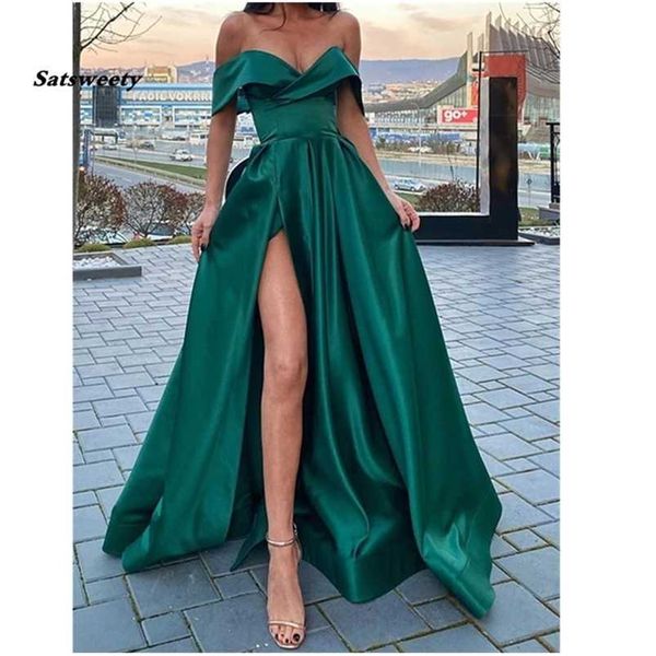 Parti elbiseleri Omuzdan Emerald Yeşil Saten Uzun Balo Elbiseleri Bacak Yarık Vneck Zemin Uzunluğu Arap Akşam Robe De Soiree 220923
