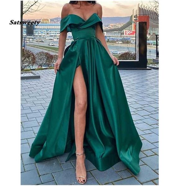 Abiti da festa Spalle scoperte Abiti lunghi da ballo in raso verde smeraldo con spacco sulle gambe Scollo a V Lunghezza pavimento Arabo Robe de soiree 220923