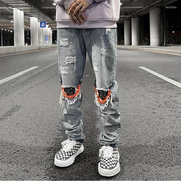 Jeans masculinos Men's Knee Chain Decore Hole Riped calça azul lavada mens de hip hop retro retro de tamanho casual de jeans casual