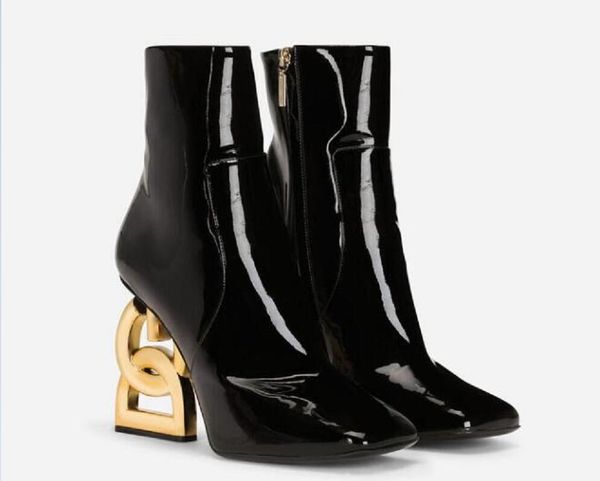 Elegante Vrouwen Keira Enkellaars Vrouwen Pop Hakken Zwart Lakleer Dame Booties Barokke Hak Feestjurk Sexy Booty EU35-43