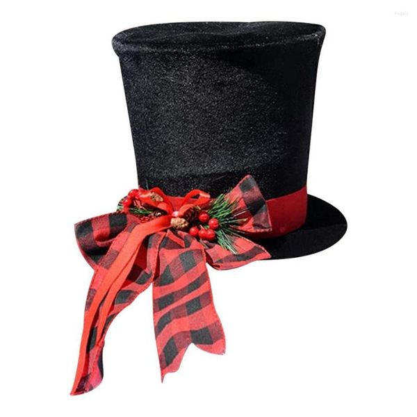 Decorazioni natalizie Cappello a cilindro per albero nero con fiocco scozzese Nastro rosso Top ornamenti per desktop per la casa H