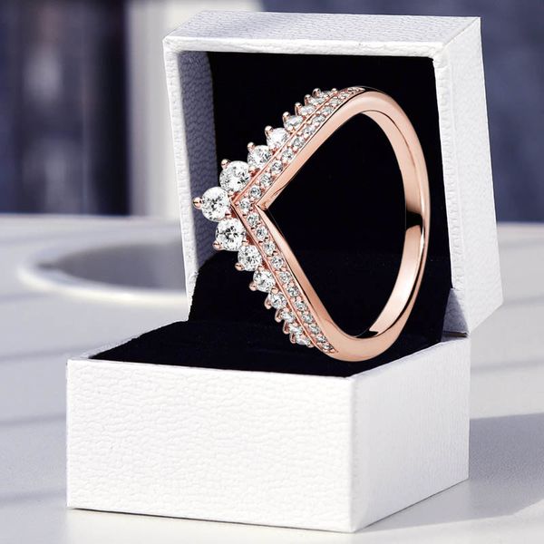 Anelli impilabili Princess Wish in oro rosa Gioielli da sposa per ragazze da donna in vero argento 925 con scatola al dettaglio originale per set di anelli regalo di fidanzamento con diamante Pandora CZ