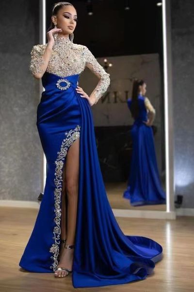 CRISTAIS DIRETAS DO LUZULO LUZURO MERMAID PROM VESTIDOS AZUL AZUL RELO ALTO DO CUNHO LONGO LONGO VIDOS NOVIMENTOS Side Dividido Sexy Aso Ebi Vestido 2022