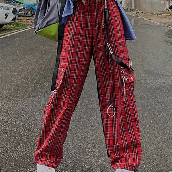 Damenhosen Capris HOUZHOU Punk Cargo Plaid Frauen Gothic Harajuku Rot Karierte Breite Bein Hosen Für Weibliche Herbst Streetwear Hippie Mode 220922