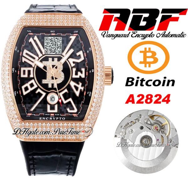 ABF Vanguard Encrypto V45 A2824 Orologio da uomo automatico Cassa in oro rosa con diamanti Quadrante nero Con indirizzo portafoglio Bitcoin Cinturino in pelle Super Edition Puretime F01B2