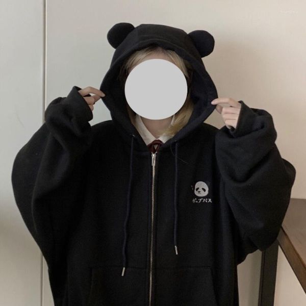 Felpe con cappuccio da donna Fernan Kawaii Bear Ears Felpa con cappuccio Donna Black Panda Print Felpa con zip Stile asiatico Autunno 2022 Fashion Zipper Cute Kpop