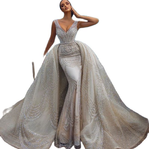 Lussuoso abito da sposa Dubai con perline cristalli strass Abiti da sposa scollo a V con strascico staccabile Robe de mariee283J