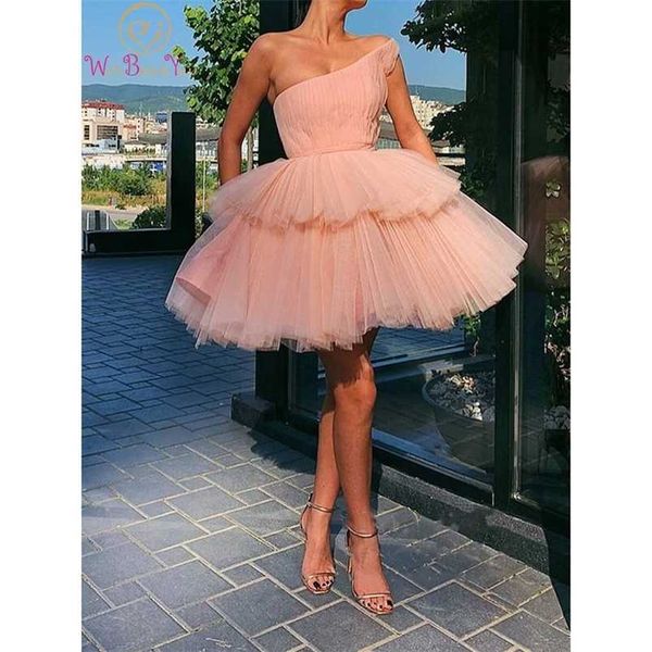 Partykleider, One-Shoulder-Abschlussballkleider, kurz, errötend, rosa, Heimkehrkleider, plissiertes Tüll-Tutu-Kleid, Falten, Abendparty, formelle Kleider 220923