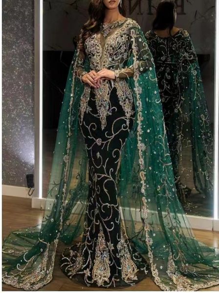 Vestidos de noite formal de noite verde de kaftan árabe com capa com finchas de renda de renda o vestido de baile de manga longa Veet Spring Autumn Winter Mermaid Vestidos de festa