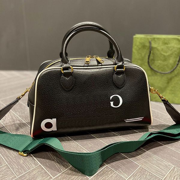 Handtasche Damen Umhängetaschen Bowling Handtaschen Umhängetasche Geldbörse Drei Streifen Aufkleber Abnehmbarer Gurtband Klassischer alter Blumenbuchstabe Echtleder