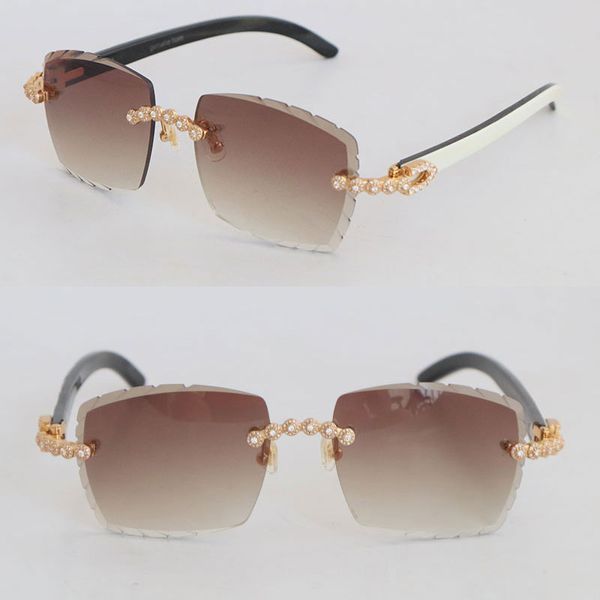 Modell: Handgefertigte Luxus-Sonnenbrille mit Diamantbesatz, randlose Damen-Sonnenbrille, innen weiß, schwarzes Büffelhorn, Herren 3524012, geschnitzte Linse, Sonnenbrille für Herren und Damen, 18 Karat Gold, Größe 58