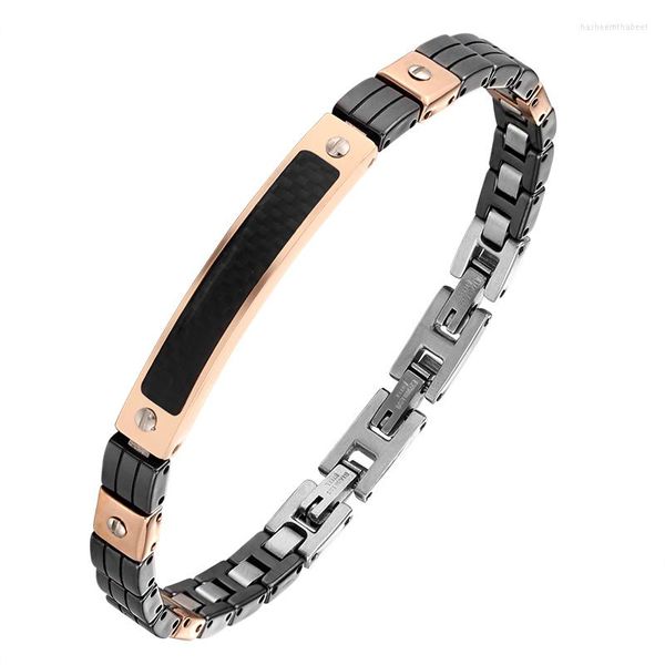 Gliederarmbänder Moocare High-End-Mode-Armband aus schwarzem Karbonfaser-Bogenbogen, Roségold, Farbkontrast-Design, Keramik-Edelstahl-Armband