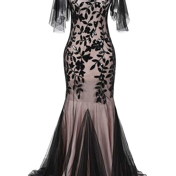 Partykleider Oneck ShortSleeve Tüll Sticken Abendkleid Elegante Meerjungfrau Vintage 1920er Jahre Partykleid Great Gatsby Paillettenkleid Lang 220923