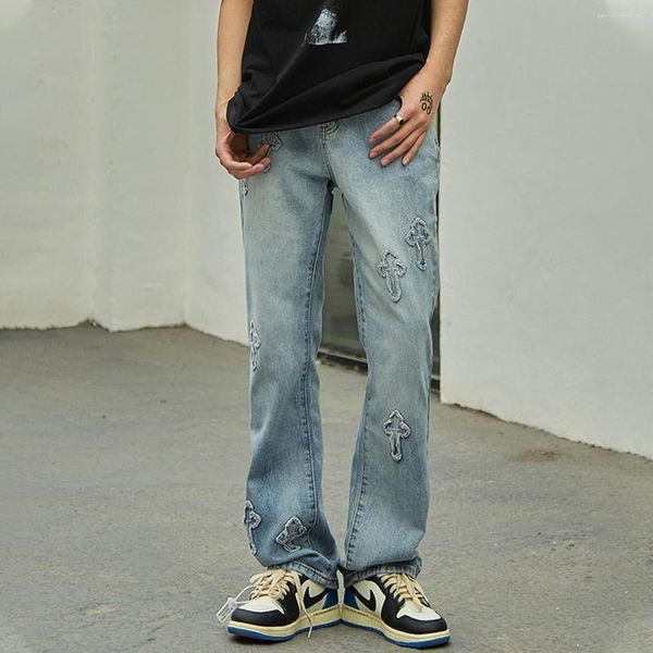 Männer Jeans LACIBLE Kreuz Patch Männer Hip Hop Streetwear Mode Vintage Hosen High Street Weiß Baggy Denim Helle Farbe