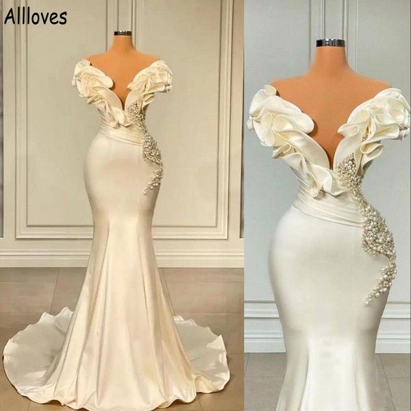 ВИНТАЖЕСКИЕ ПЕРЕКОВЫЕ ПЛАЗЫ Свадебные платья. Потрясающие жемчужины с бисером бусинки Элегантные атласные свадебные платья плюс арабский дубайский невест второе приемное платье CL1185
