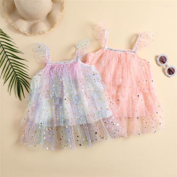 Mädchen Kleider Sommer Kinder Baby Mehrschichtiges Tutu Kleid Süße Fee Kleinkind Ärmellose Sterne Pailletten Mesh Rüschen Prinzessin Party 2022