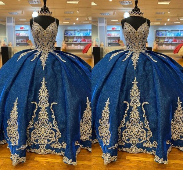 2023 Blue Quinceanera Kleider mit goldener Spitzenapplikationen funkelnder Ballkleid Spaghetti -Trägers süße 16 Geburtstagsfeier Abschlussformal Abend Kleidung Vestidos 403 403