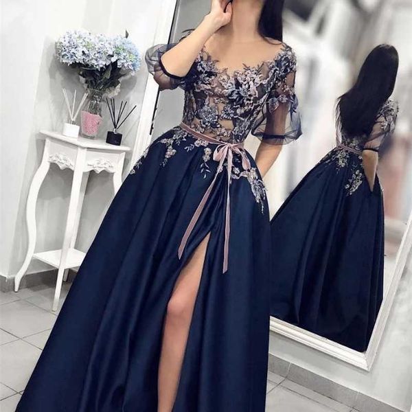 Abiti da festa Abito da sera formale blu navy Abito da sera sexy in raso con ricamo in pizzo spaccato lungo con tasche Mezze maniche Prom Dress 220923