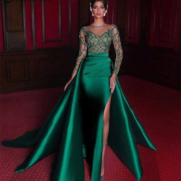 Abiti da festa Abiti da sera eleganti a sirena Abito formale verde smeraldo Maniche lunghe in raso Abiti da ballo sexy con perline a fessura 220923