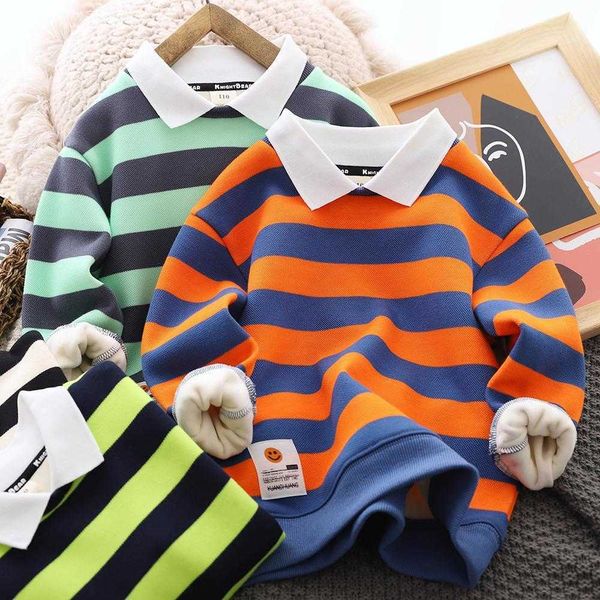 Pullover Jungen-Pullover mit Fleece-Futter, Herbst- und Winterkleidung, gestreiftes Poloshirt im Western-Stil, verdickter Thermoboden 220924