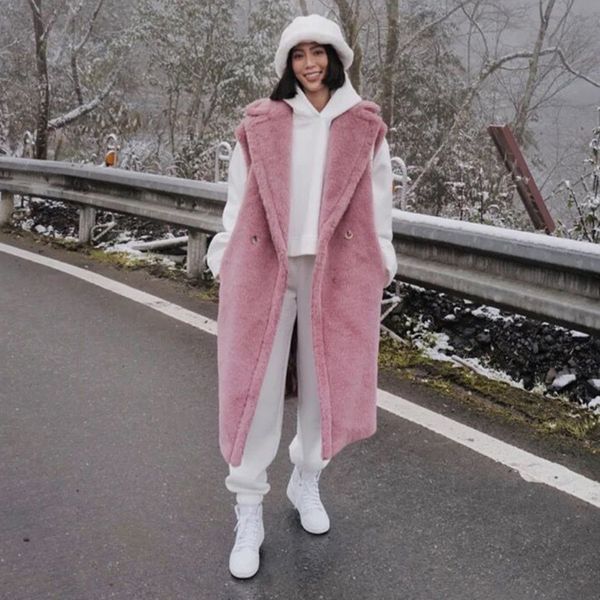 Moman Sur Faux Winter Coat Real Wool Alpaca Teddy Bear Colet Mulheres Jaqueta grossa Curta