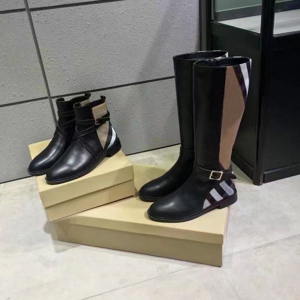 Sonbahar Kış Kısa Bot Kadın Cowhide Metal Kemer Toka Tasarımcı Ayakkabı Uzun Varil Uzun Bot% 100 Deri Lady Moda Kumaş Kadın Ayakkabı