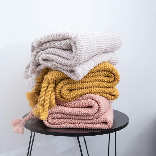 Cobertores estilo nórdico cor de malha sólida sofá de cobertor decorativo tampa espessada toalha de cauda de cama