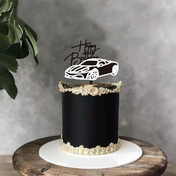 Motocicleta de suprimentos festivos de carro Feliz aniversário bolo de tampo de acrílico de ouro de cupcake decorações de festas de panificação de acesso diy acessórios