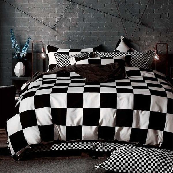 Set di biancheria da letto Set di biancheria da letto in bianco e nero Grid Lattice Biancheria da letto Set di piumini estivi semplici Copripiumino king size Queen Twin Bedroom Luxury 220924