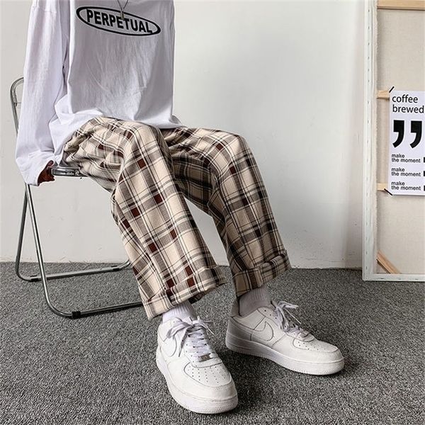 Herrenhosen Männer Hosen Plaid Lose Bequeme Retro Casual Allmatch Elastische Taille Chic Weites Bein Hosen Mode Streetwear Koreanischen Stil 220922