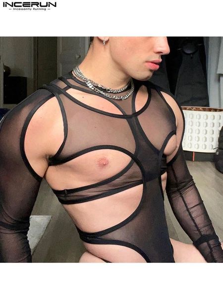 Herren-Nachtwäsche INCERUN Herren-Bodysuits, durchsichtig, aushöhlen, solide Unterwäsche, sexy Oneck-Langarm-Männer-Pyjamas, unregelmäßiger Bodysuit 220924