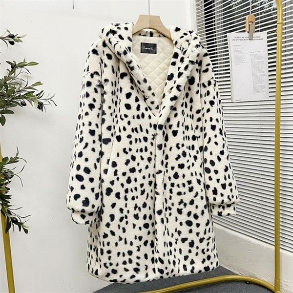 Mulheres misturas de lã mulheres inverno casaco de pele falsa senhora casual neve leopardo impressão casaco de pele feminino grosso quente longo pelúcia outerwear 220926